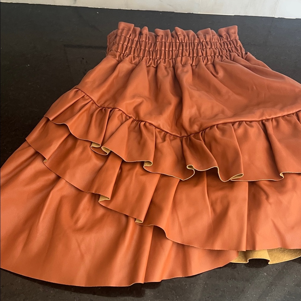 The Skirt Rochelle Berhens Cognac Faux Leather Tiered Skirt XS